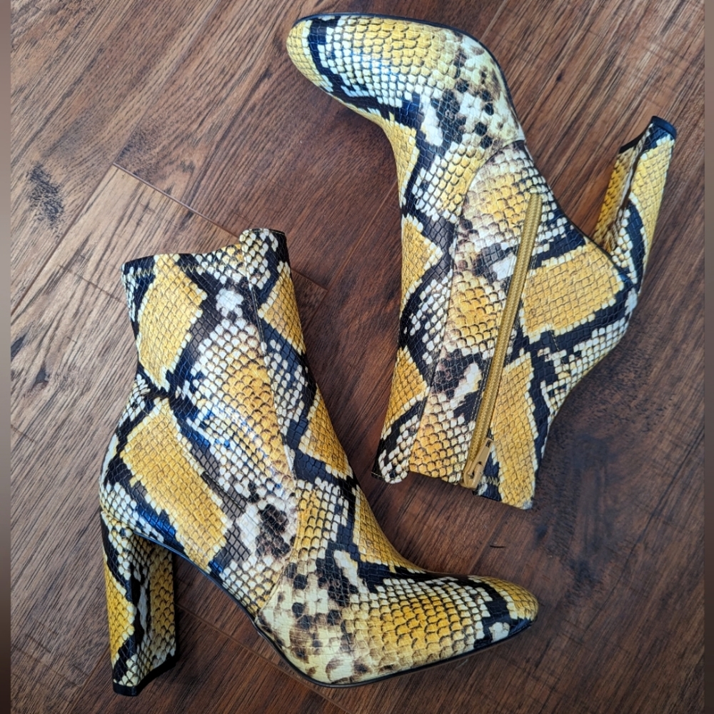 Yellow & Black Faux Snakeskin Booties